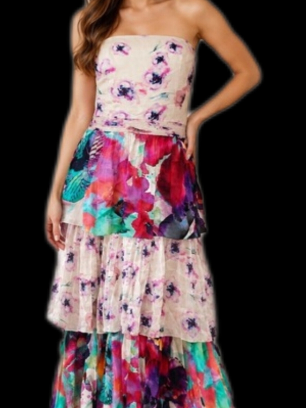 Anthropologie Floral Tiered Strapless Maxi Dress - Pink Multicolor
